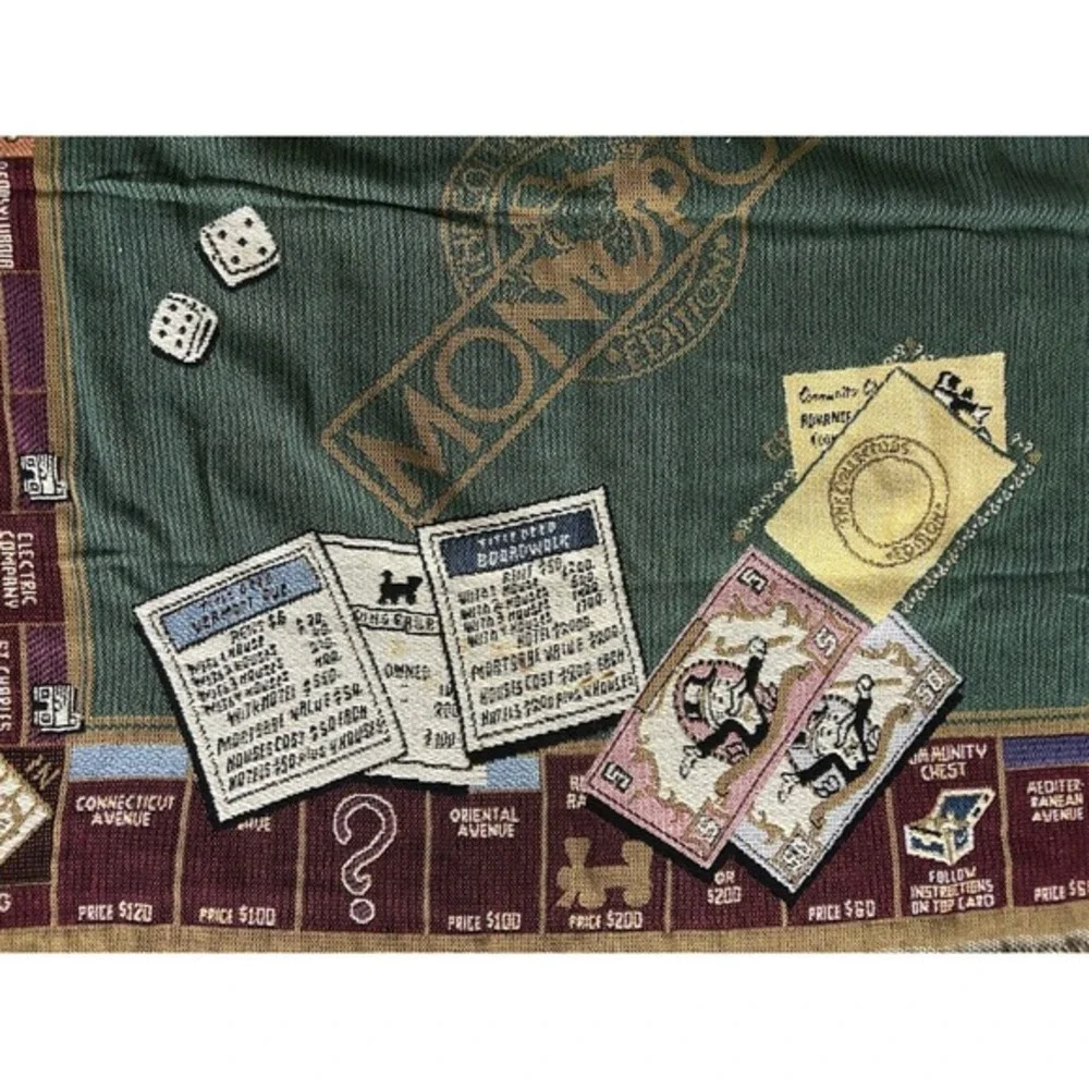 Vintage Monopoly Woven Cotton‎ Throw Blanket Excellent Used Condition